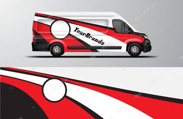 Designer reviewing a colorful vehicle wrap design for a mobile visitor center