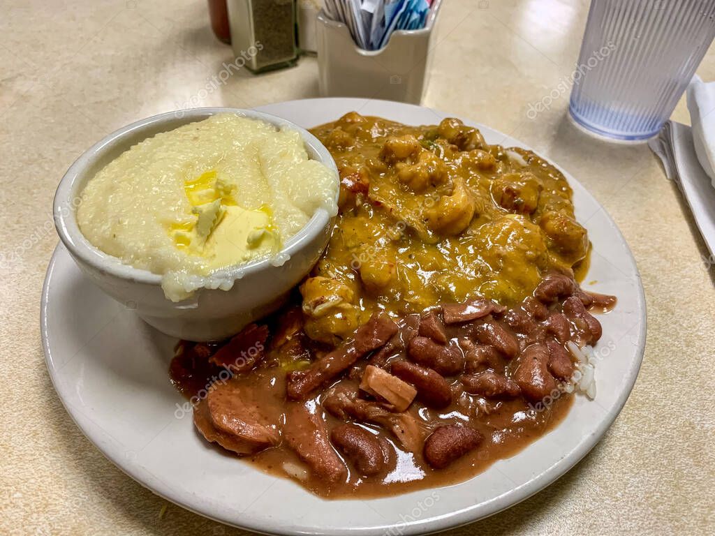 Colorful plates of Creole cuisine on a table in New Orleans